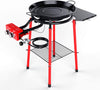 24 Inch Tabarca Paella Pan Set with Burner, and Side Shelf, 4 Reinforced Legs with Bottom Shelf, Regulator Hose and Igniter Kit