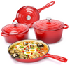 Enameled Cast Iron Cookware Set, 7 Piece Set of Dutch Ovens, Sauce Pan, Skillet, 3 Lids, Dutch Oven, Ceramic Nonstick Coated, Gas/Induction, PFA Free