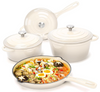 Enameled Cast Iron Cookware Set, 7 Piece Set of Dutch Ovens, Sauce Pan, Skillet, 3 Lids, Dutch Oven, Ceramic Nonstick Coated, PFA Free, White